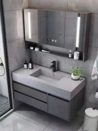 Pannello avanzato in compensato francese con mobile da bagno sospeso a parete dipinto grigio con specchio illuminato a LED di vendita calda e lavandino in pietra bianca